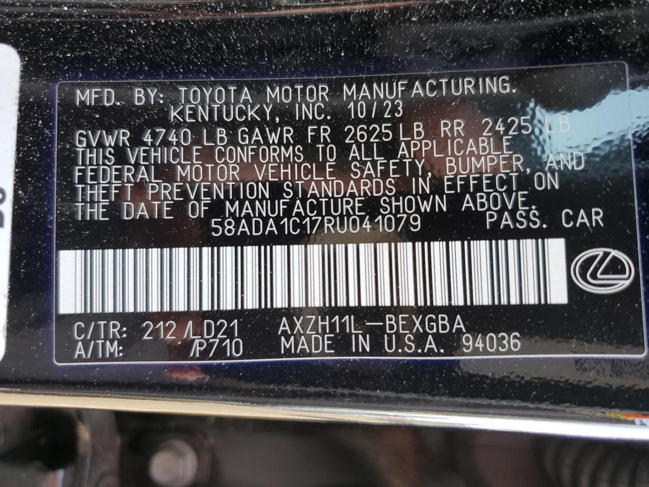 2024 Lexus Es 300H Base VIN: 58ADA1C17RU041079 Lot: 80522615