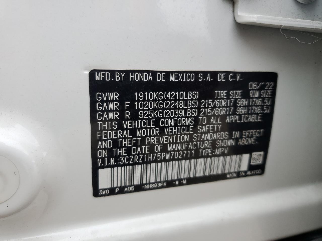 2023 Honda Hr-V Exl VIN: 3CZRZ1H75PM702711 Lot: 84435025