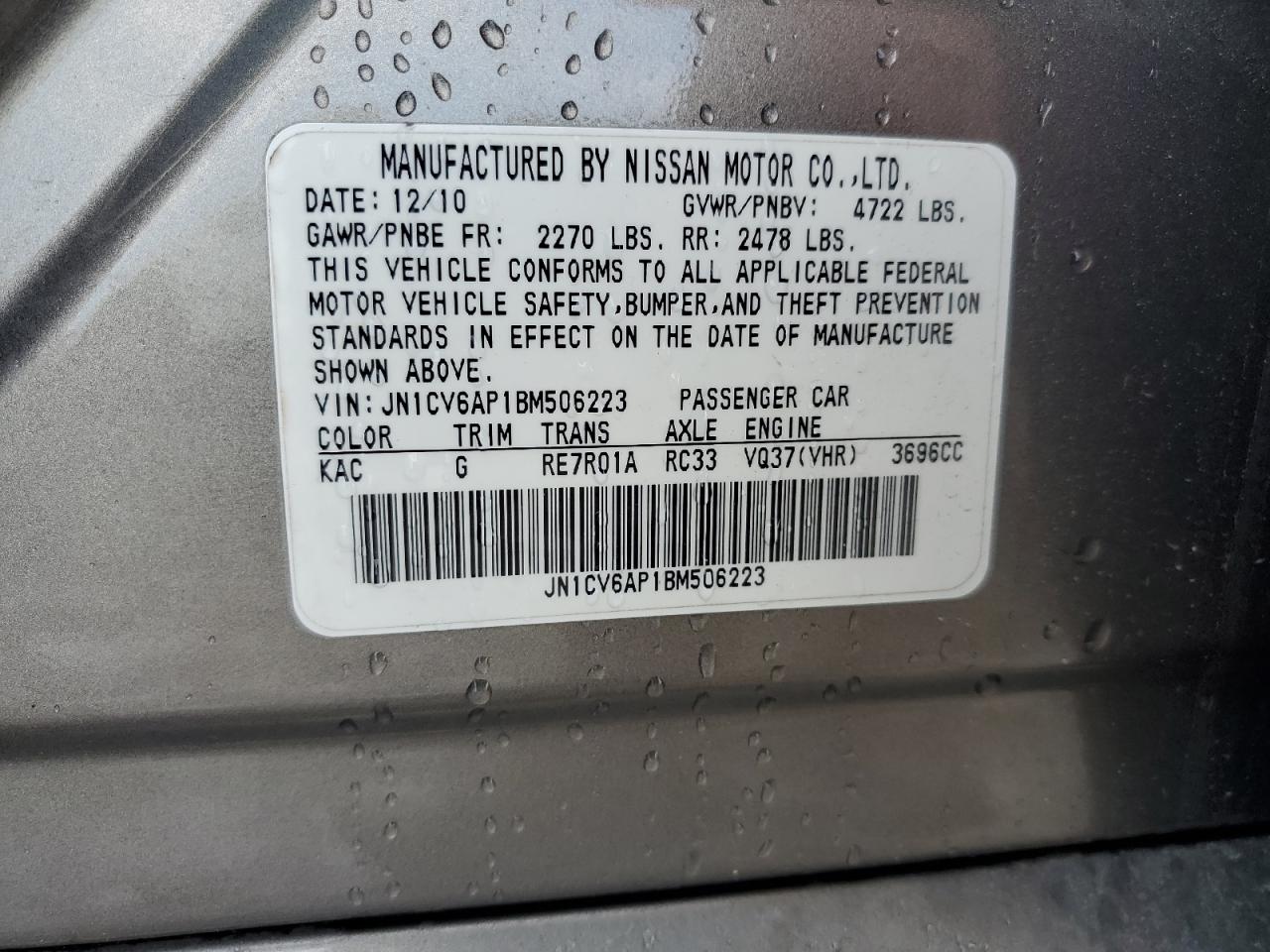 2011 Infiniti G37 Base VIN: JN1CV6AP1BM506223 Lot: 71252415