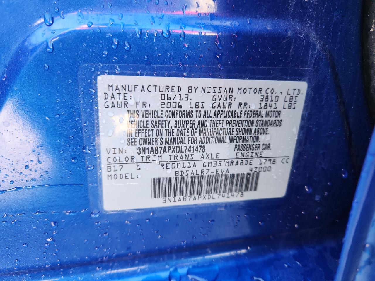 2013 Nissan Sentra S VIN: 3N1AB7APXDL741478 Lot: 81030605