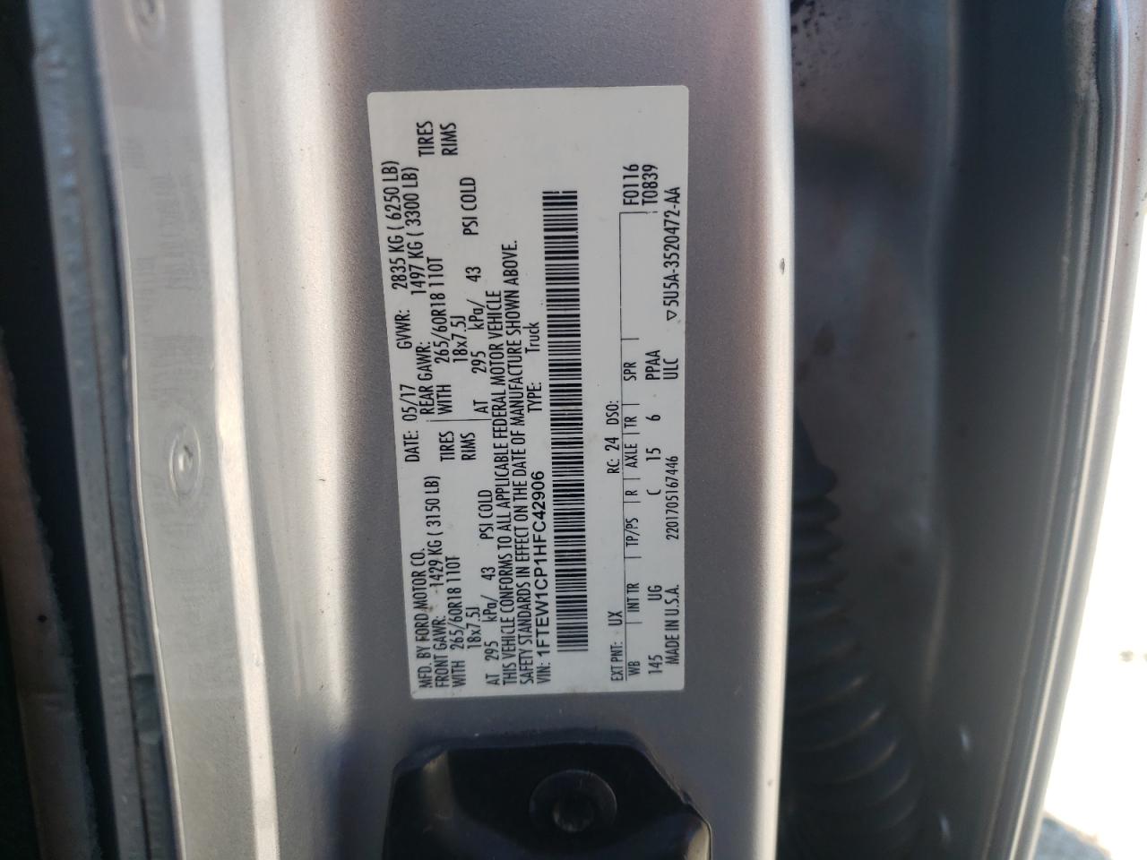 2017 Ford F150 Supercrew VIN: 1FTEW1CP1HFC42906 Lot: 71740485