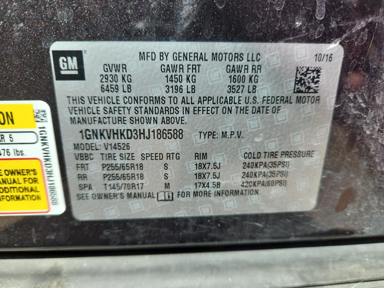 2017 Chevrolet Traverse Lt VIN: 1GNKVHKD3HJ186588 Lot: 81852355