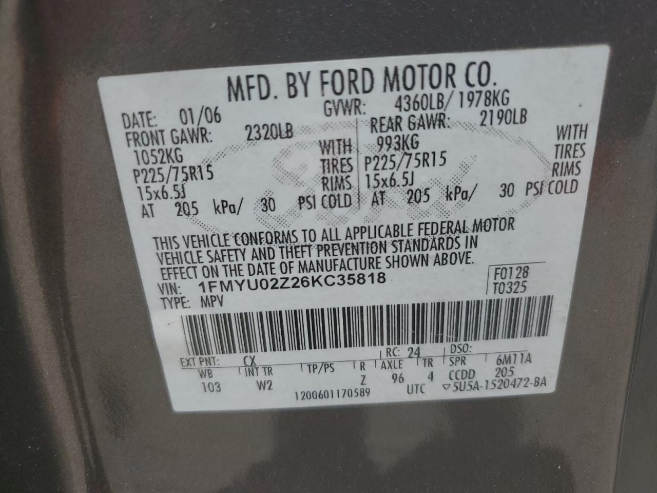 2006 Ford Escape Xls VIN: 1FMYU02Z26KC35818 Lot: 83855495