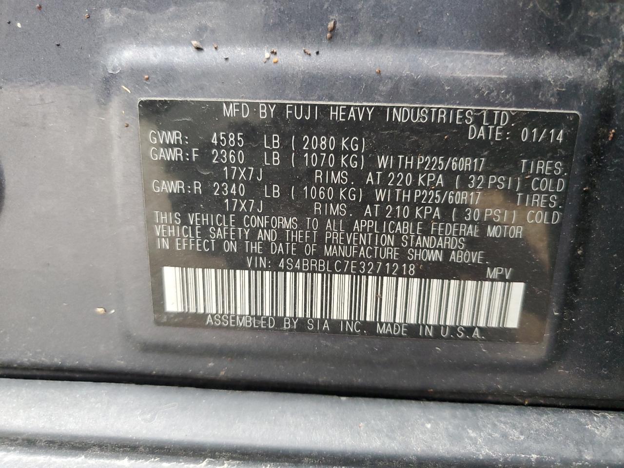 2014 Subaru Outback 2.5I Limited VIN: 4S4BRBLC7E3271218 Lot: 84034975