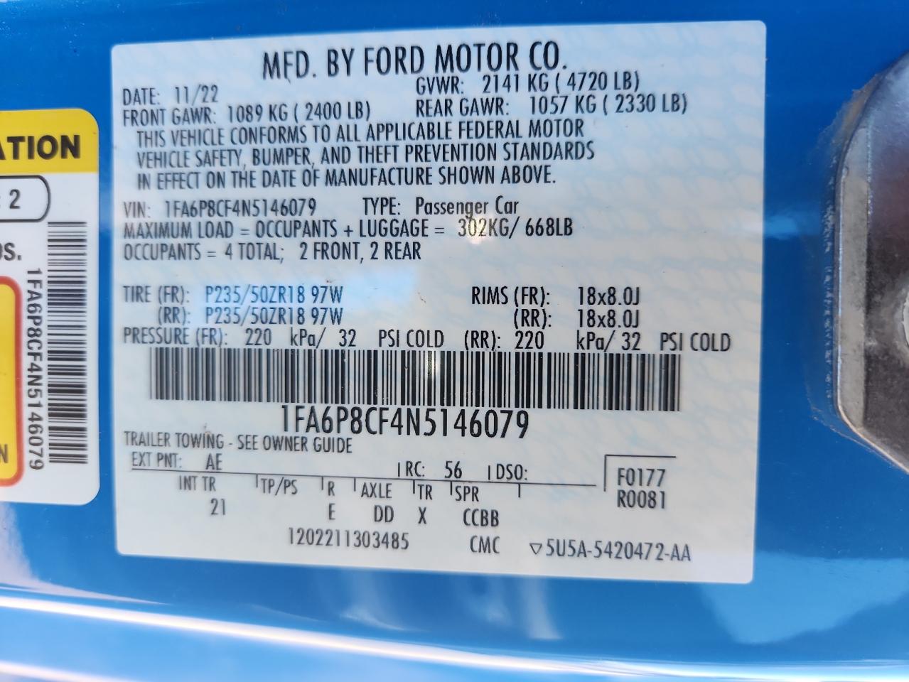 2022 Ford Mustang Gt VIN: 1FA6P8CF4N5146079 Lot: 81097385