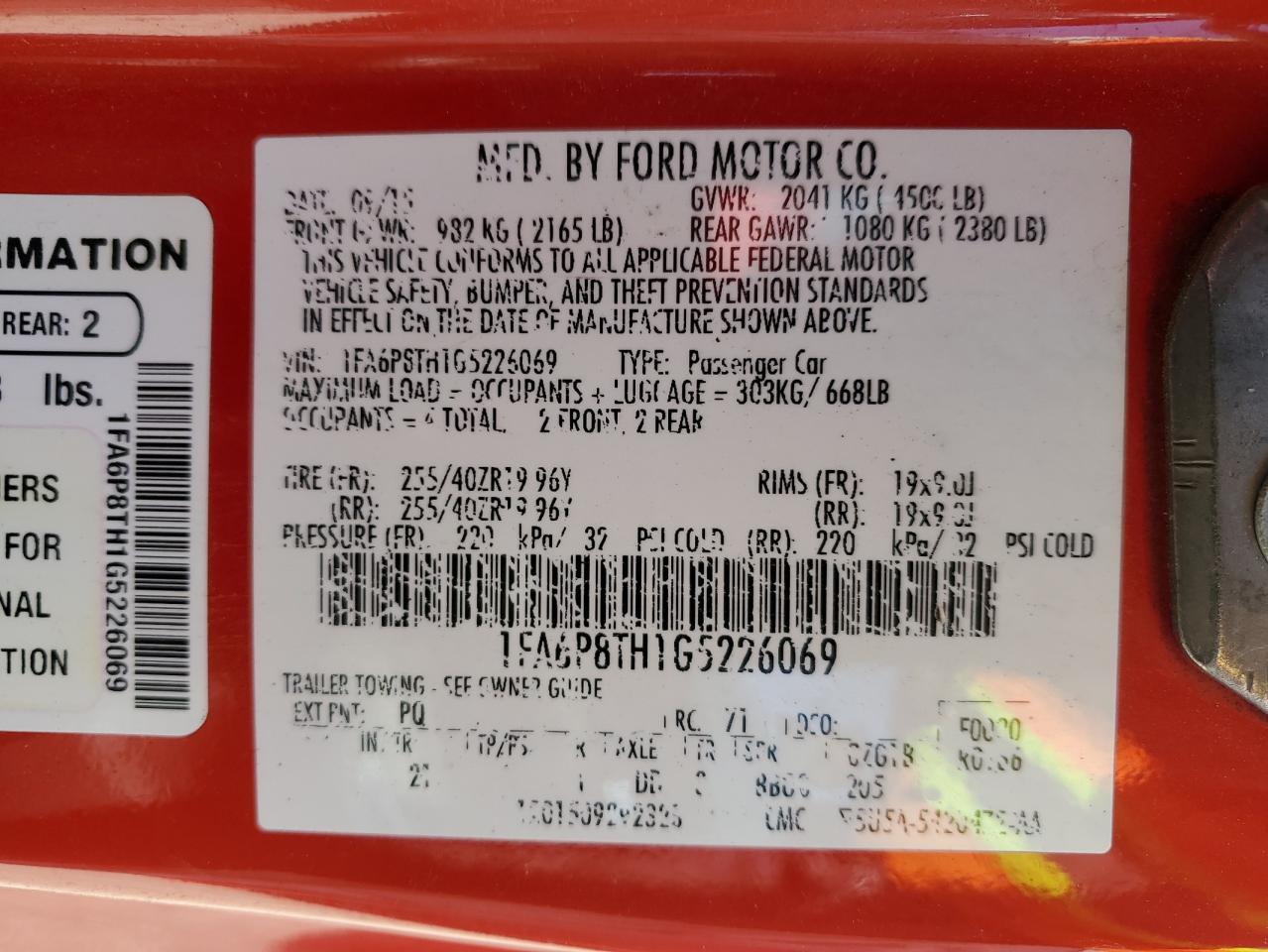 2016 Ford Mustang VIN: 1FA6P8TH1G5226069 Lot: 72096805