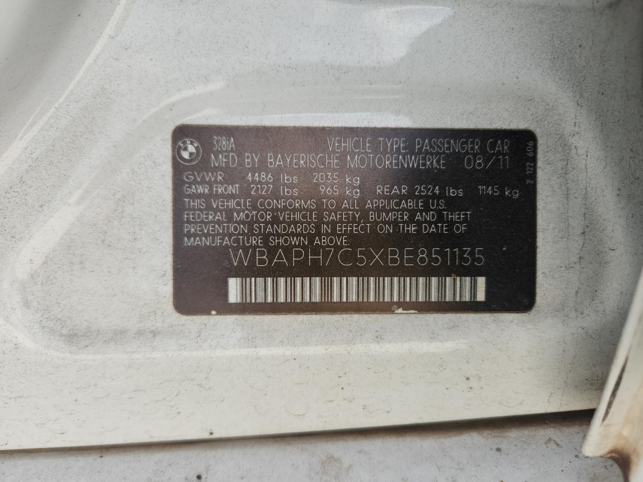 2011 BMW 328 I VIN: WBAPH7C5XBE851135 Lot: 84263515