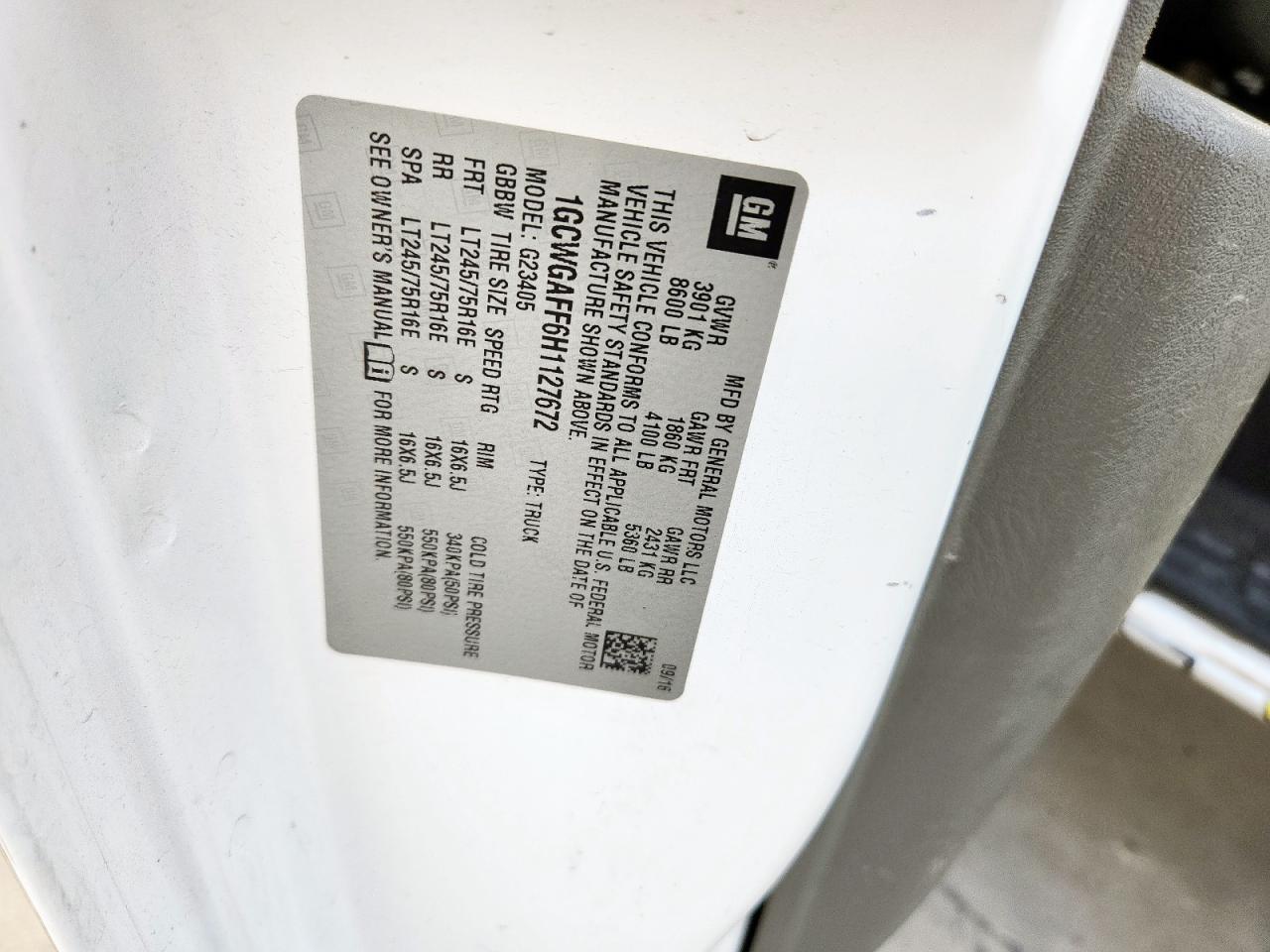 2017 Chevrolet Express G2500 VIN: 1GCWGAFF6H1127672 Lot: 81306485