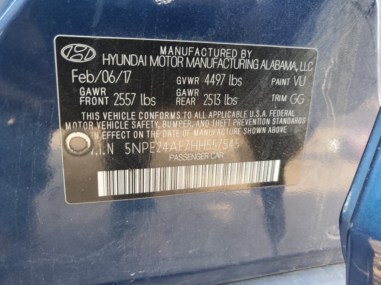 2017 Hyundai Sonata Se VIN: 5NPE24AF7HH557545 Lot: 71207205