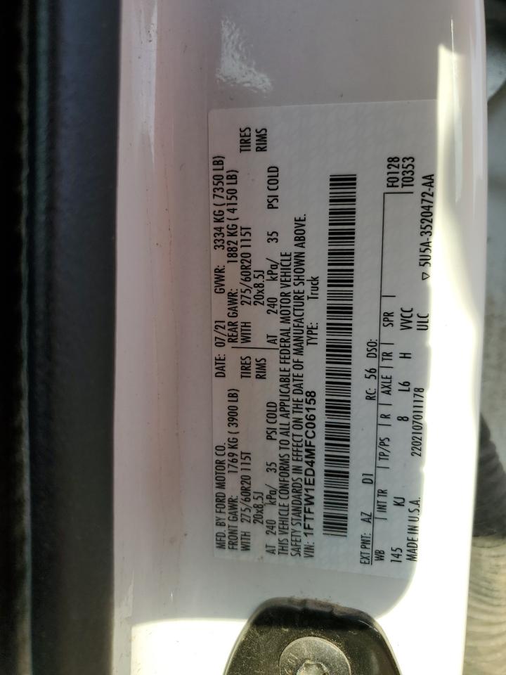 2021 Ford F150 Supercrew VIN: 1FTFW1ED4MFC06158 Lot: 87094785