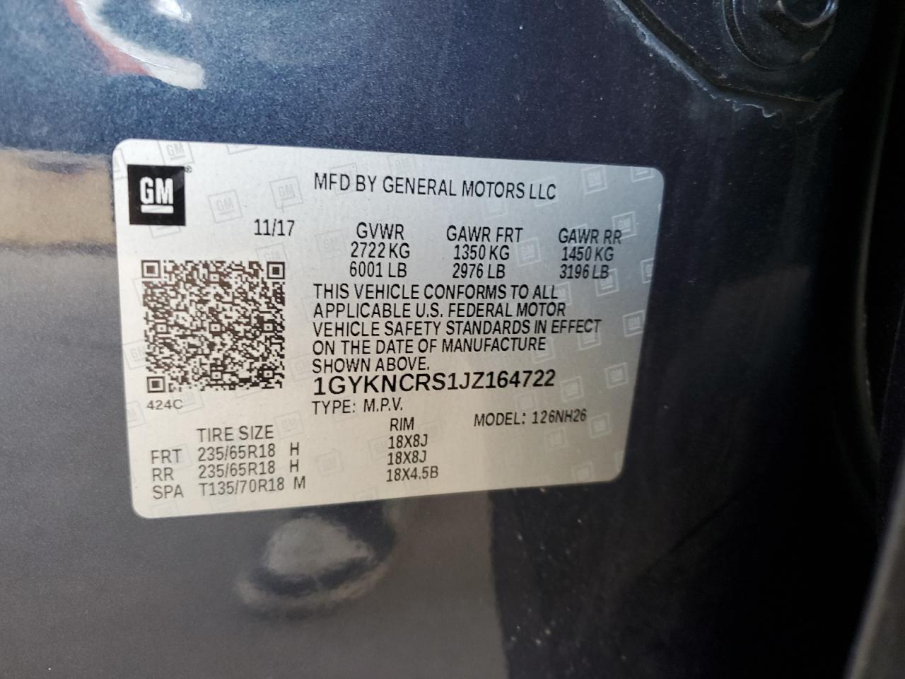 2018 Cadillac Xt5 Luxury VIN: 1GYKNCRS1JZ164722 Lot: 83823665