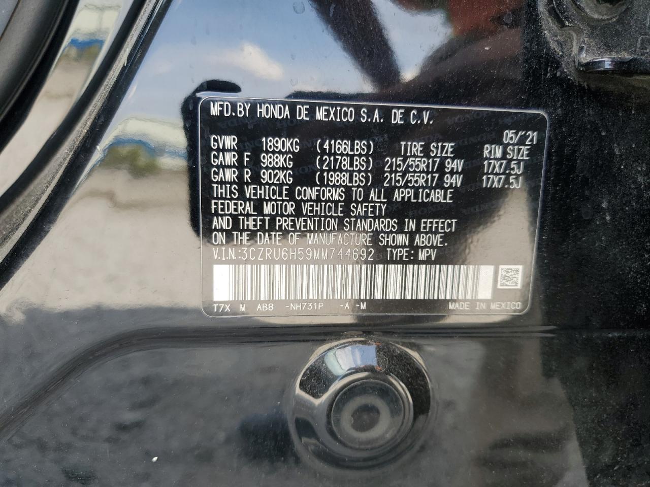 2021 Honda Hr-V Ex VIN: 3CZRU6H59MM744692 Lot: 71691225