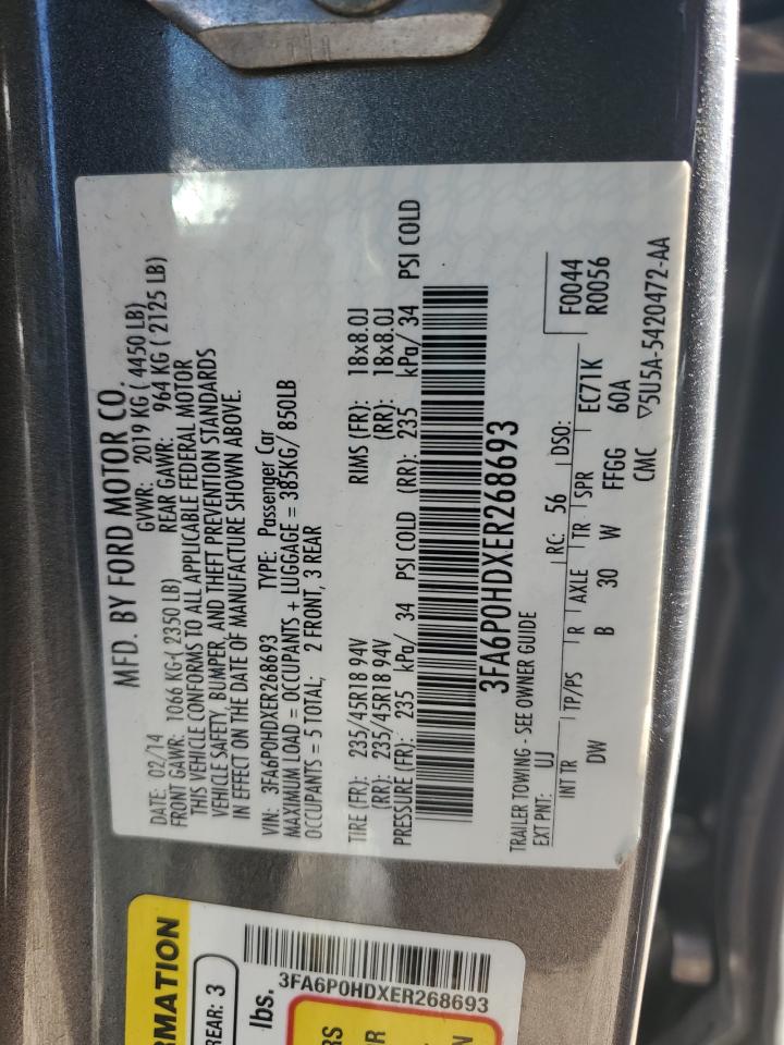 2014 Ford Fusion Se VIN: 3FA6P0HDXER268693 Lot: 81708315