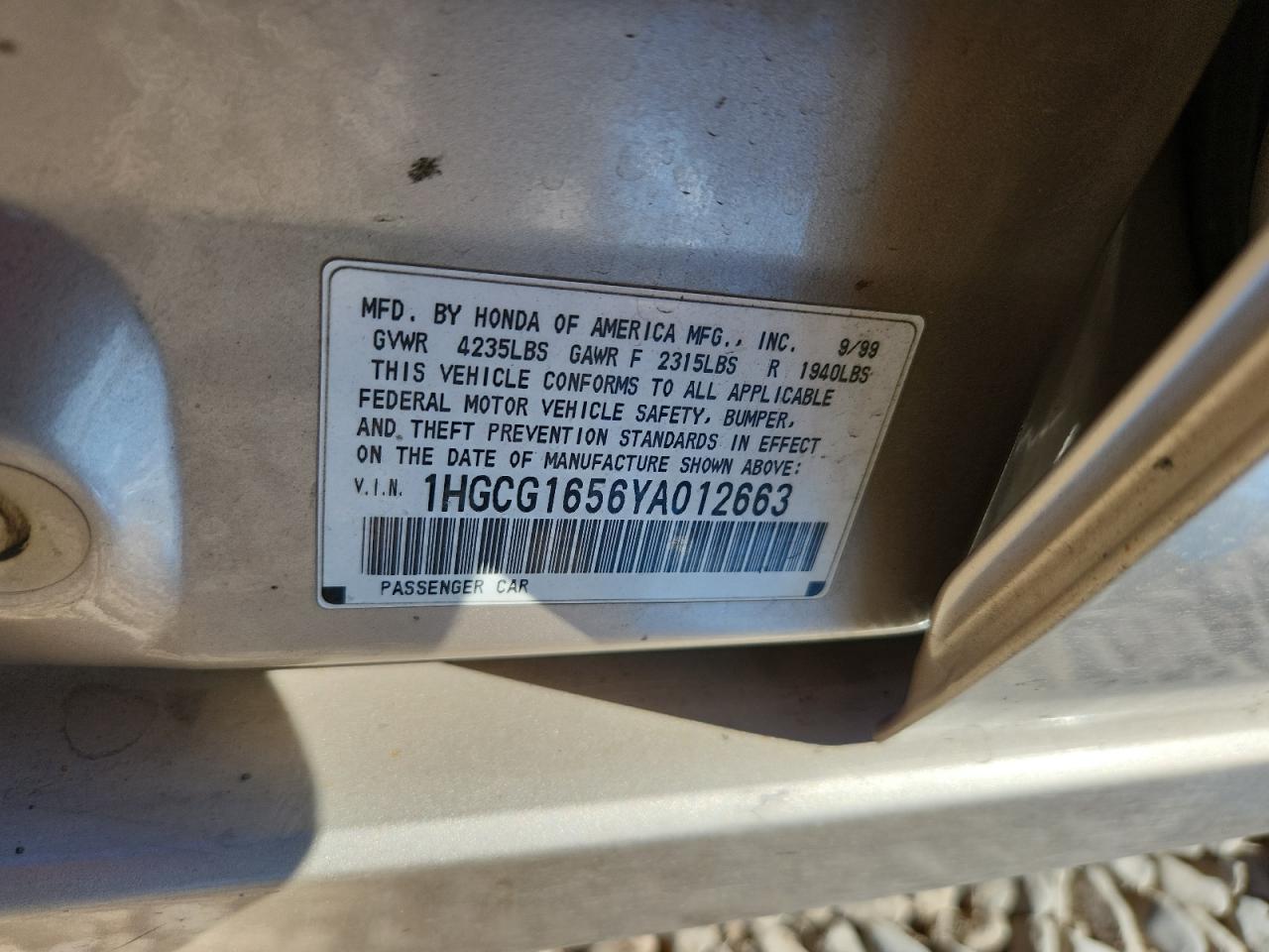 2000 Honda Accord Ex VIN: 1HGCG1656YA012663 Lot: 71738575