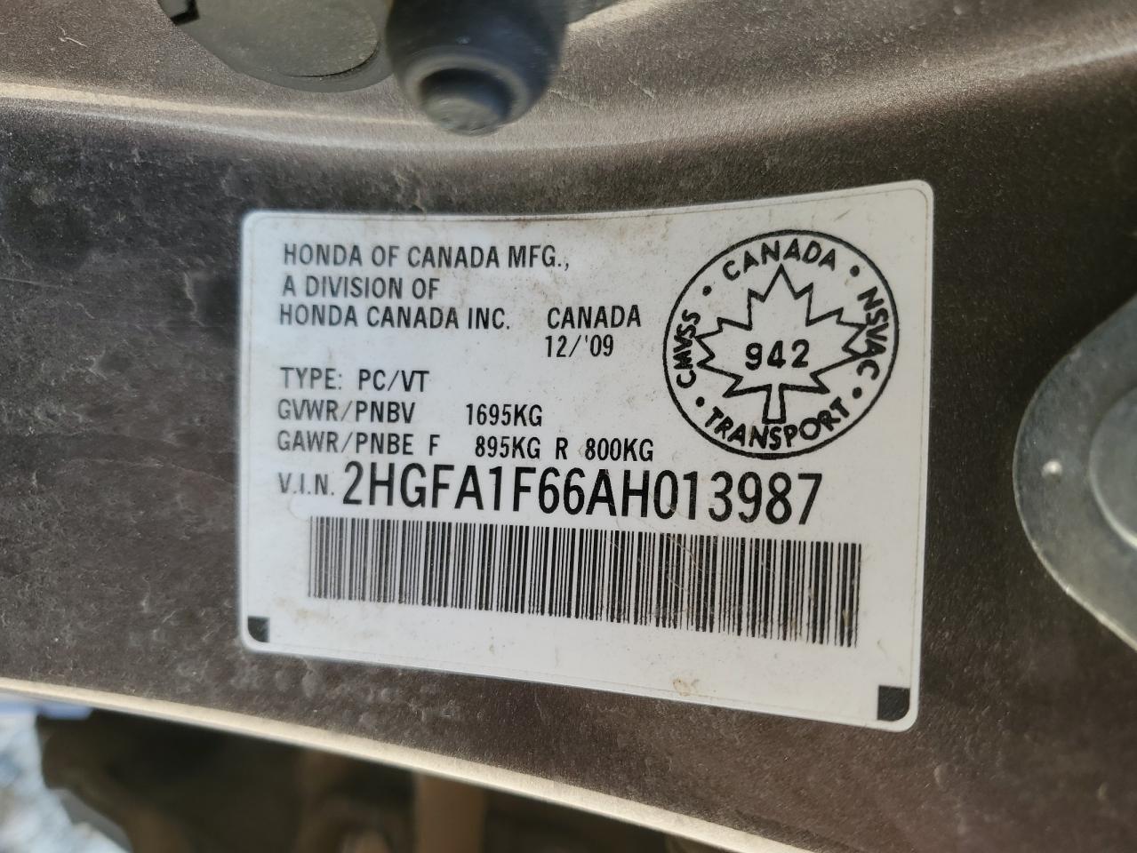2010 Honda Civic Lx-S VIN: 2HGFA1F66AH013987 Lot: 71622695