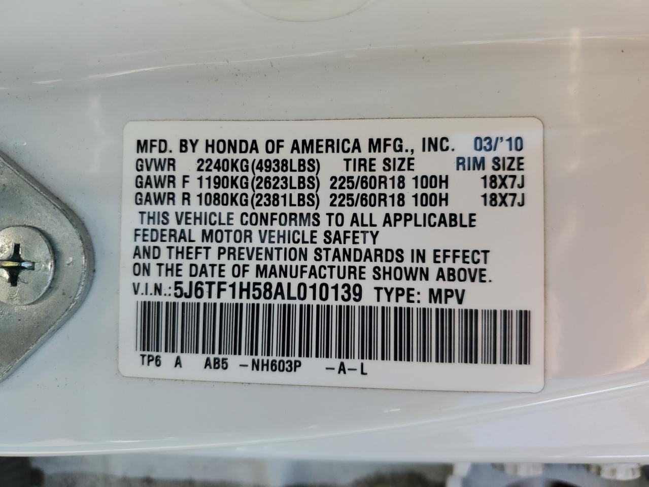 2010 Honda Accord Crosstour Exl VIN: 5J6TF1H58AL010139 Lot: 80804725