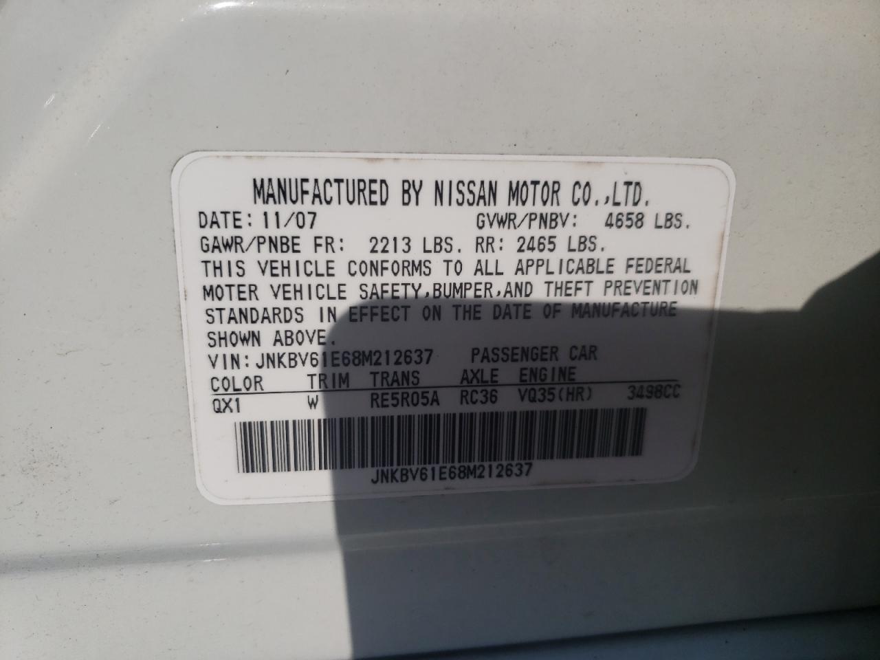 2008 Infiniti G35 VIN: JNKBV61E68M212637 Lot: 80674395