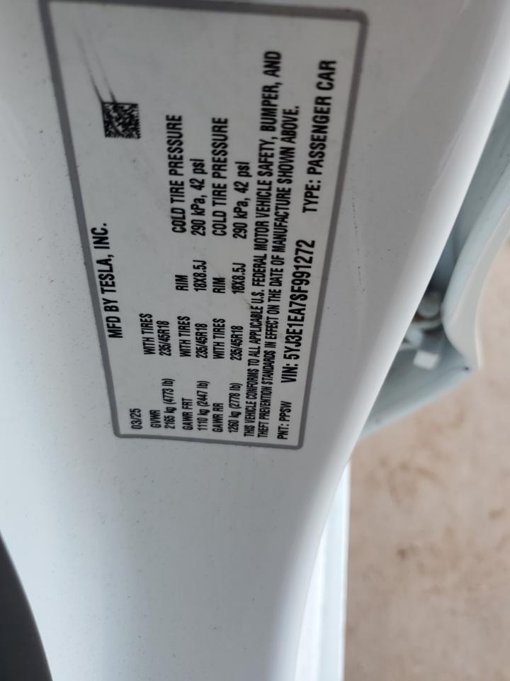 2025 Tesla Model 3 VIN: 5YJ3E1EA7SF991272 Lot: 71684605