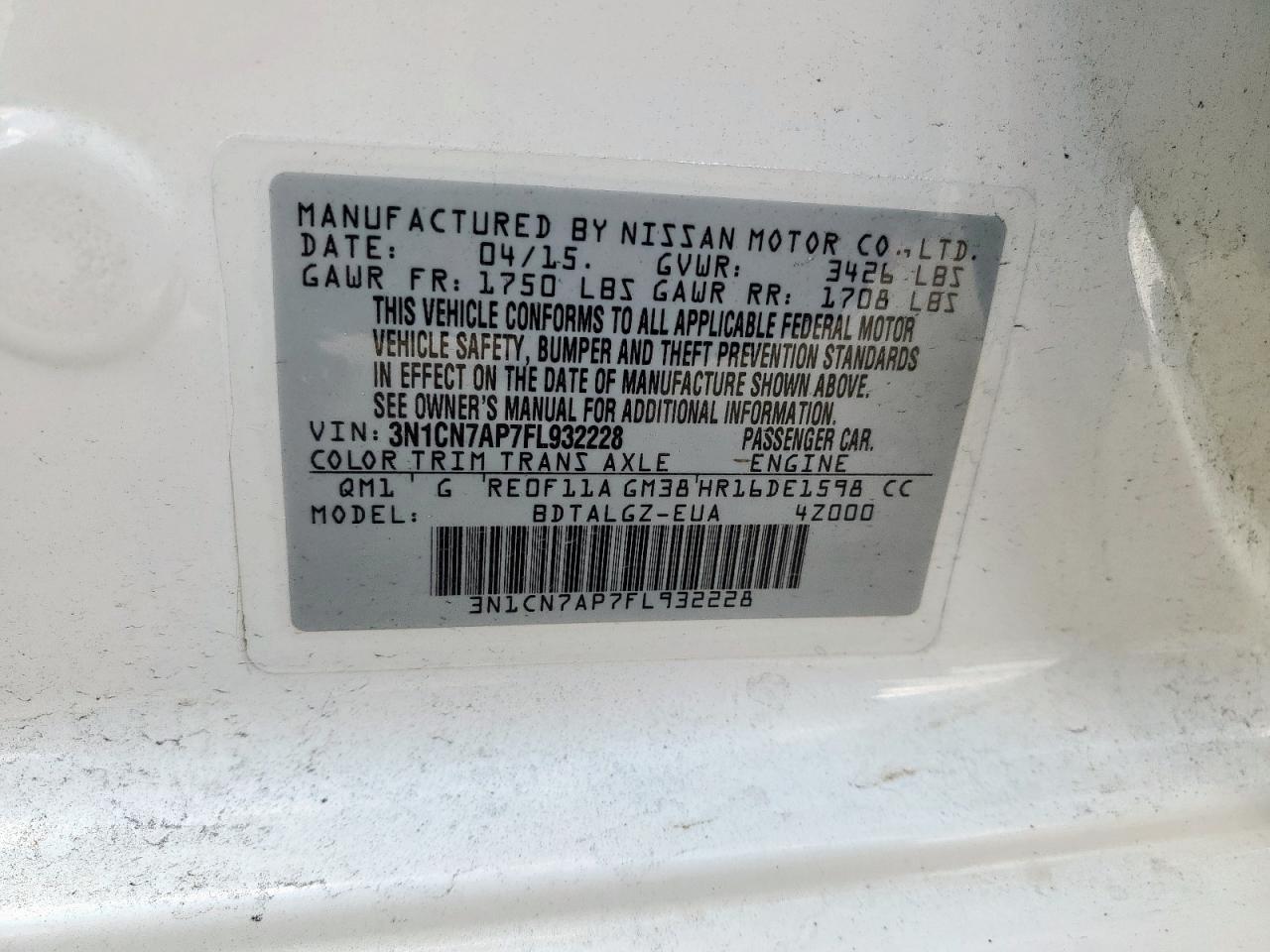 2015 Nissan Versa S VIN: 3N1CN7AP7FL932228 Lot: 81229865