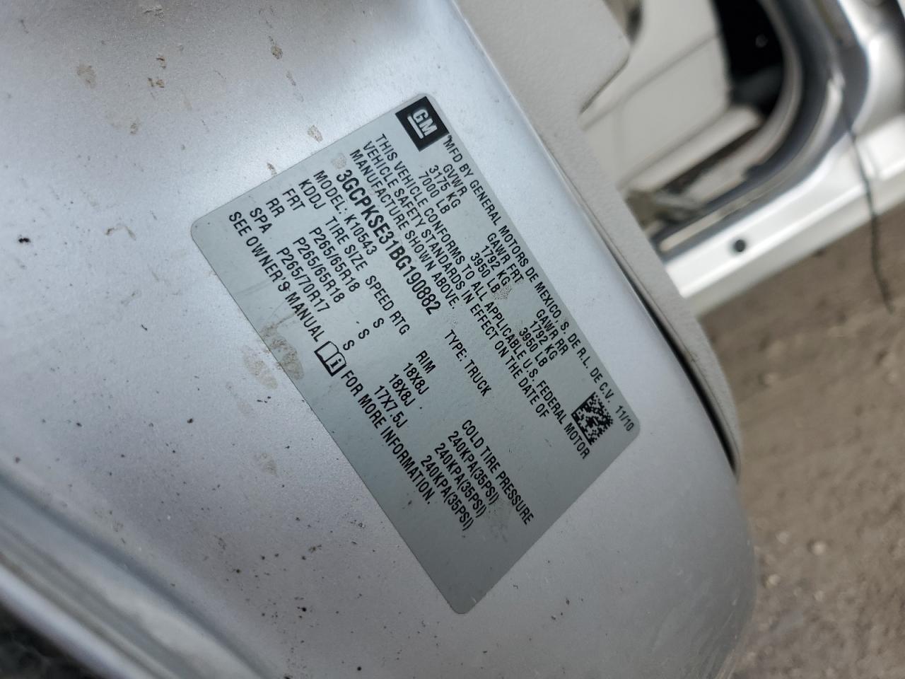 2011 Chevrolet Silverado K1500 Lt VIN: 3GCPKSE31BG190882 Lot: 80168945