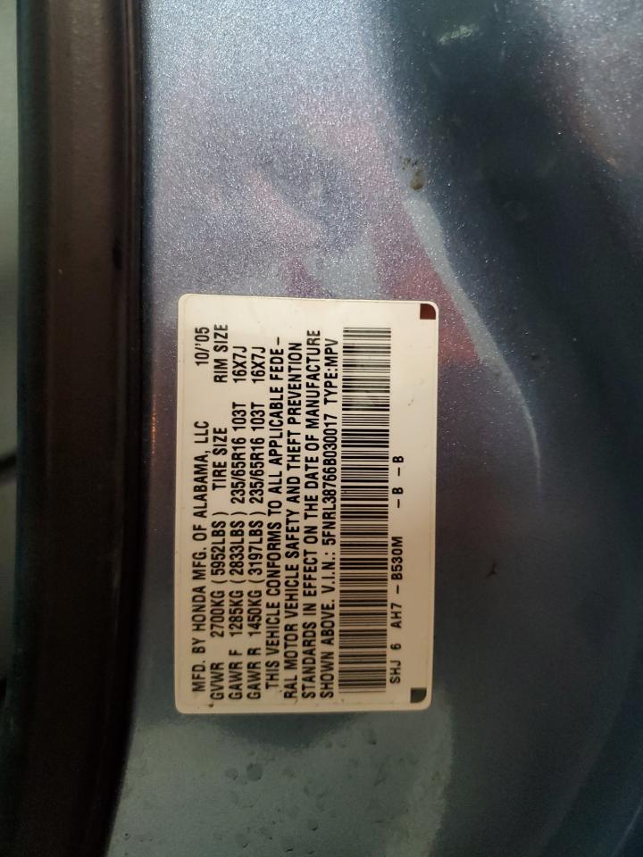 2006 Honda Odyssey Exl VIN: 5FNRL38766B030017 Lot: 83769395