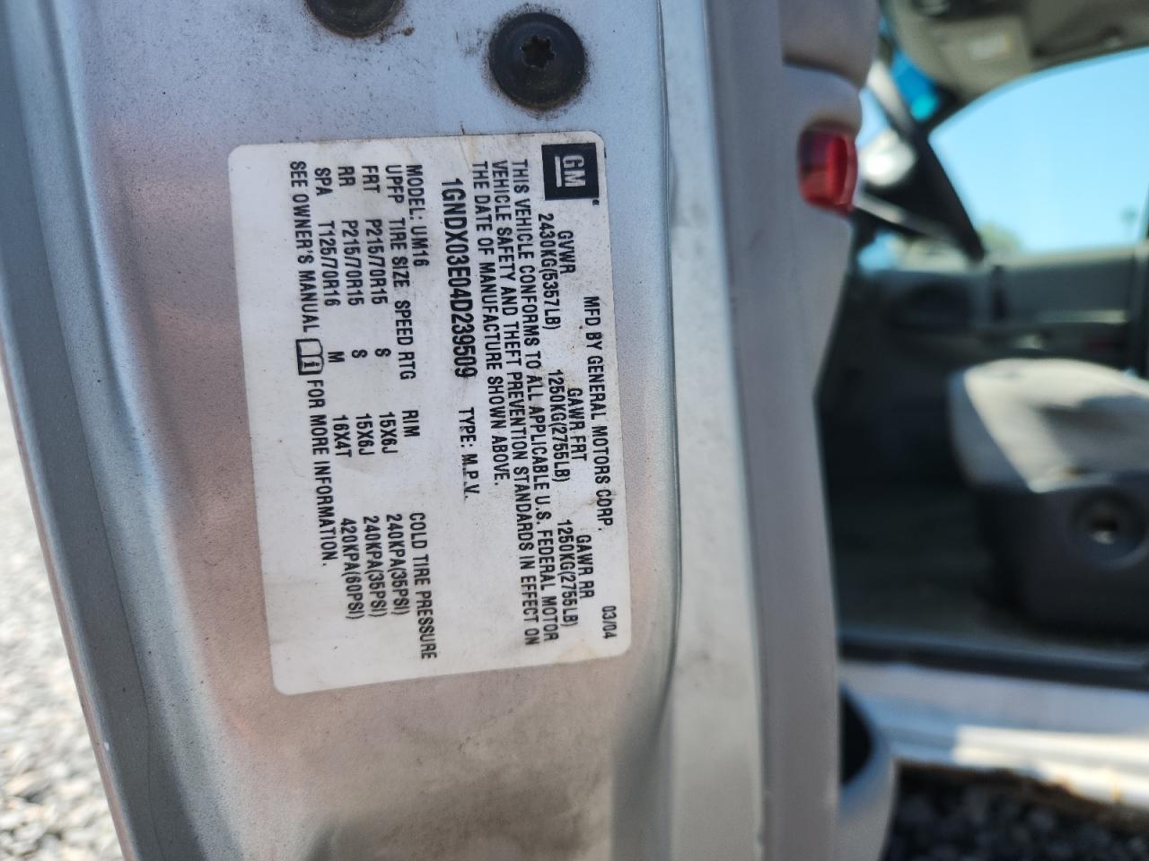 2004 Chevrolet Venture VIN: 1GNDX03E04D239509 Lot: 80562075