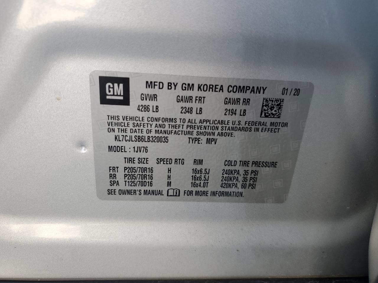 2020 Chevrolet Trax 1Lt VIN: KL7CJLSB6LB320035 Lot: 81904095