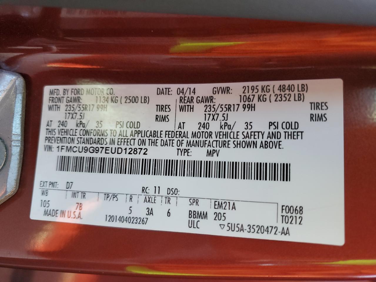 2014 Ford Escape Se VIN: 1FMCU9G97EUD12872 Lot: 84247265