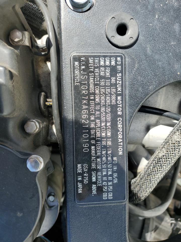 2006 Suzuki Gsx-R750 K6 VIN: JS1GR7KA662110190 Lot: 81571695