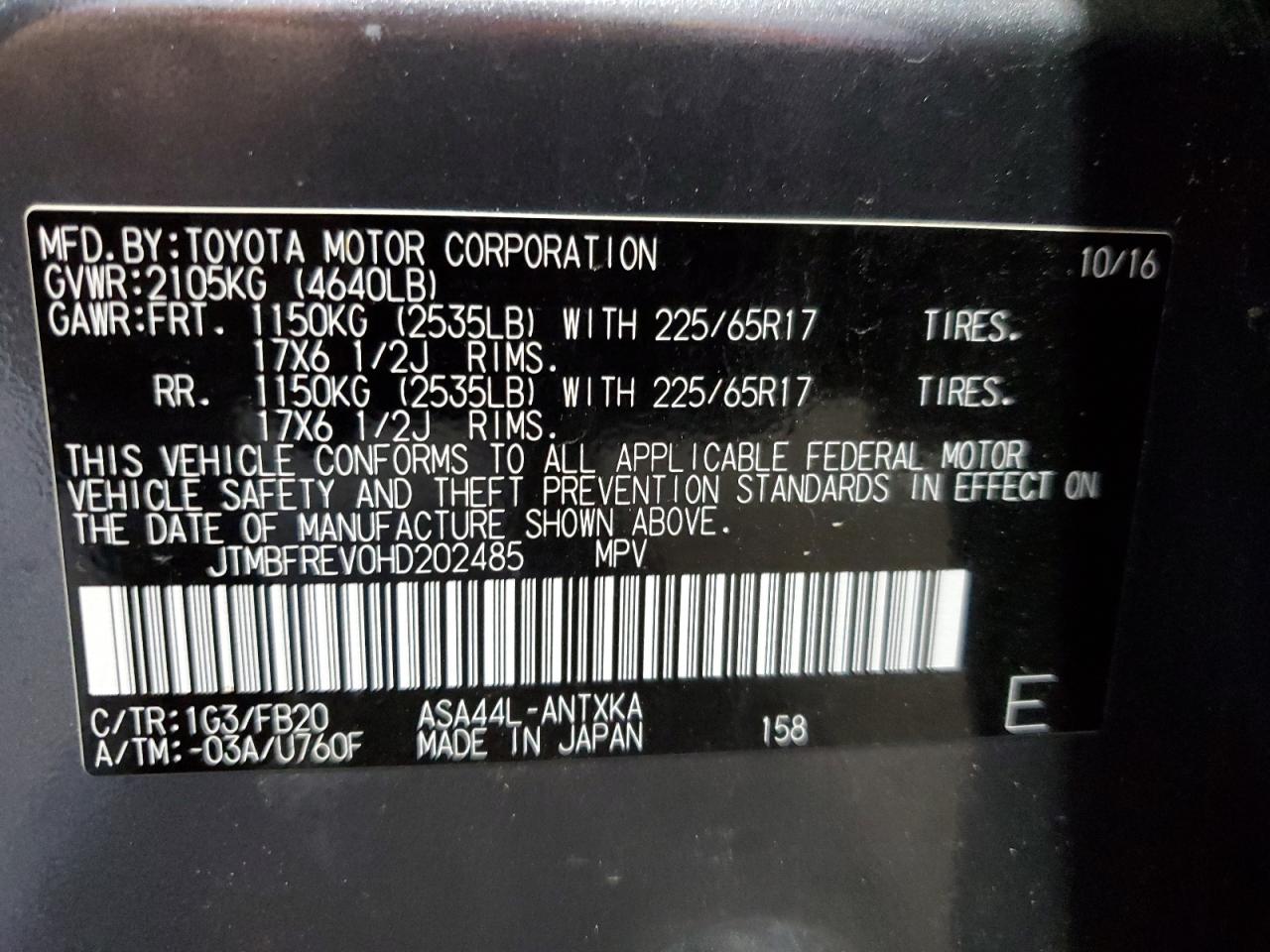 2017 Toyota Rav4 Le VIN: JTMBFREV0HD202485 Lot: 71676675