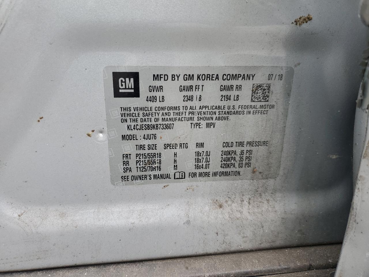 2019 Buick Encore Preferred VIN: KL4CJESB9KB733607 Lot: 84169685