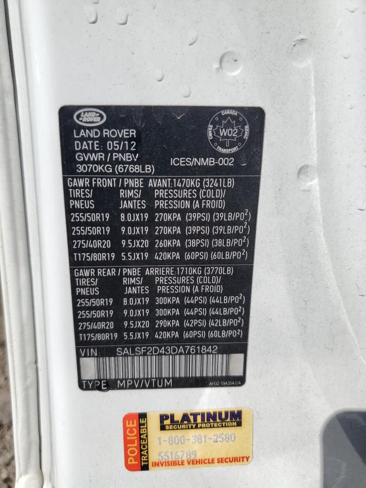 2013 Land Rover Range Rover Sport Hse VIN: SALSF2D43DA761842 Lot: 80110355