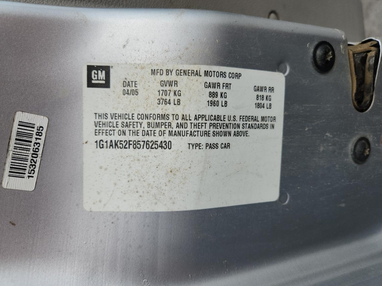 2005 Chevrolet Cobalt VIN: 1G1AK52F857625430 Lot: 70916735