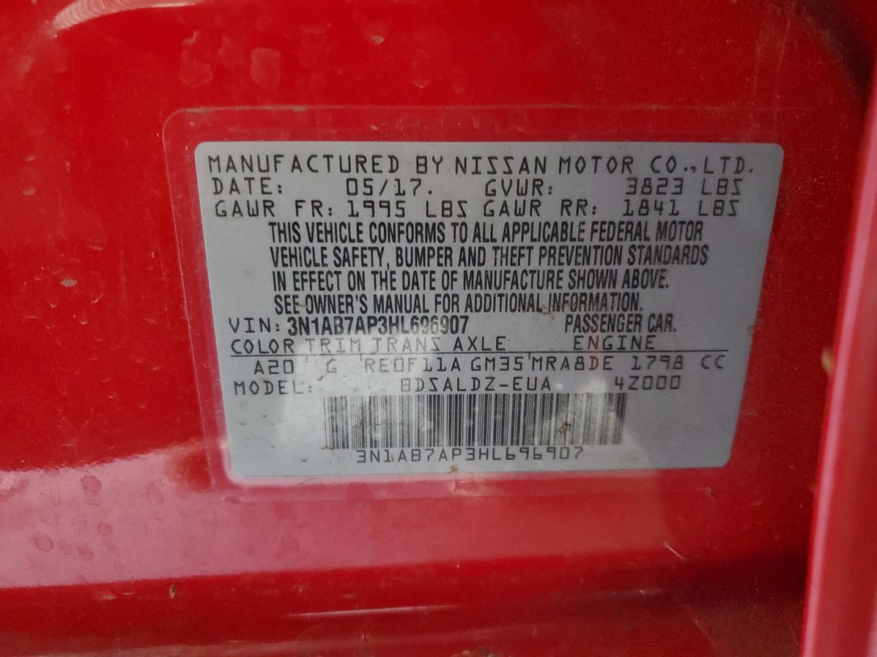 2017 Nissan Sentra S VIN: 3N1AB7AP3HL696907 Lot: 81524755