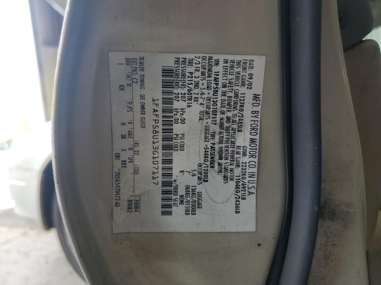 2003 Ford Taurus Se VIN: 1FAFP58U13G107117 Lot: 81432485
