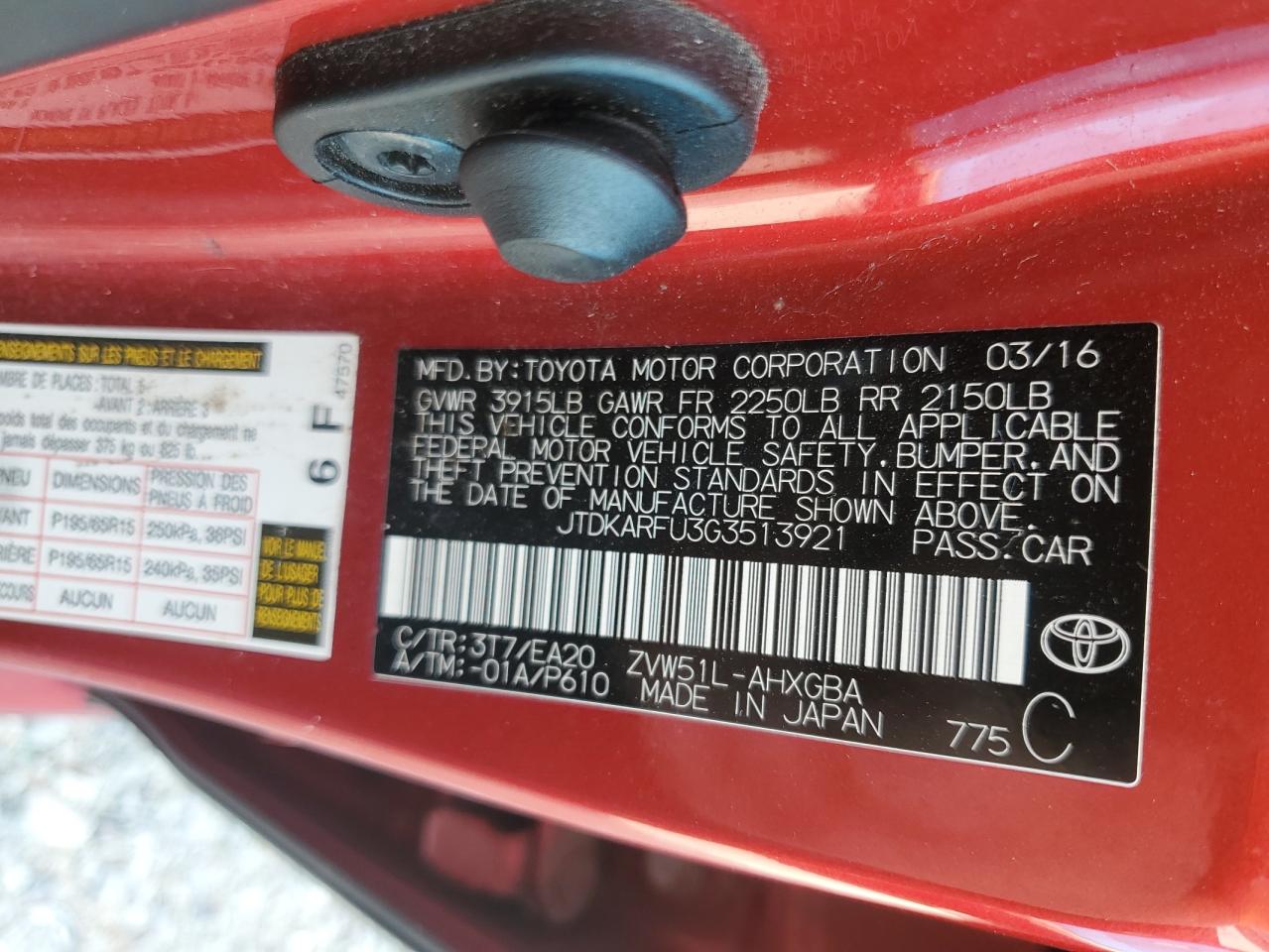 2016 Toyota Prius VIN: JTDKARFU3G3513921 Lot: 70997175