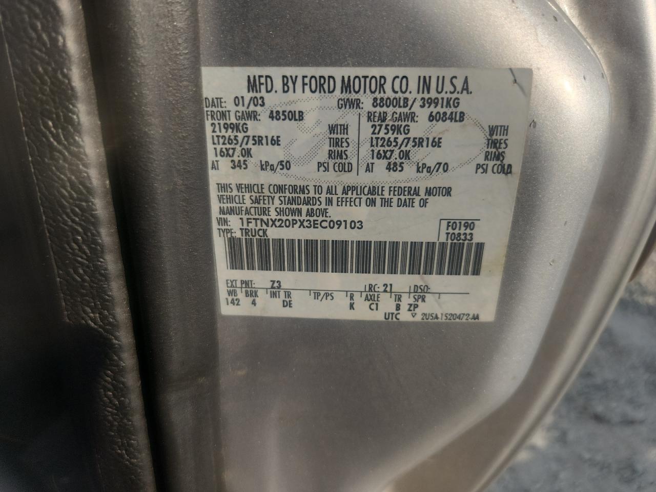 2003 Ford F250 Super Duty VIN: 1FTNX20PX3EC09010 Lot: 81070325