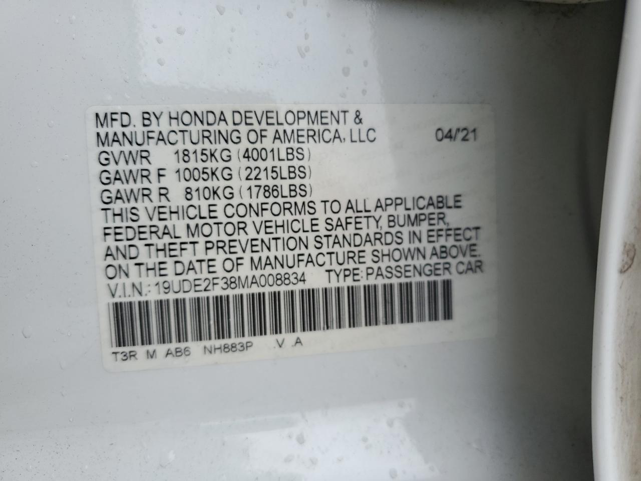 2021 Acura Ilx VIN: 19UDE2F38MA008834 Lot: 80877125