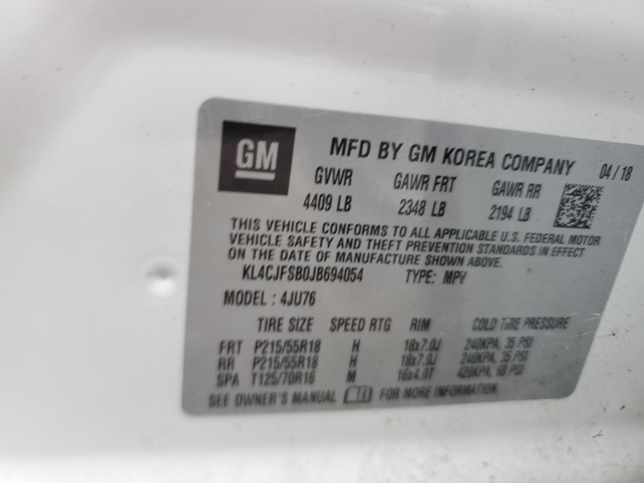 2018 Buick Encore Preferred Ii VIN: KL4CJFSB0JB694054 Lot: 83839265