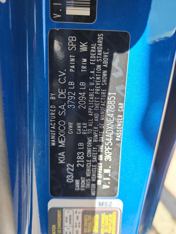 2022 Kia Forte Gt Line VIN: 3KPF54ADXNE478851 Lot: 80190885