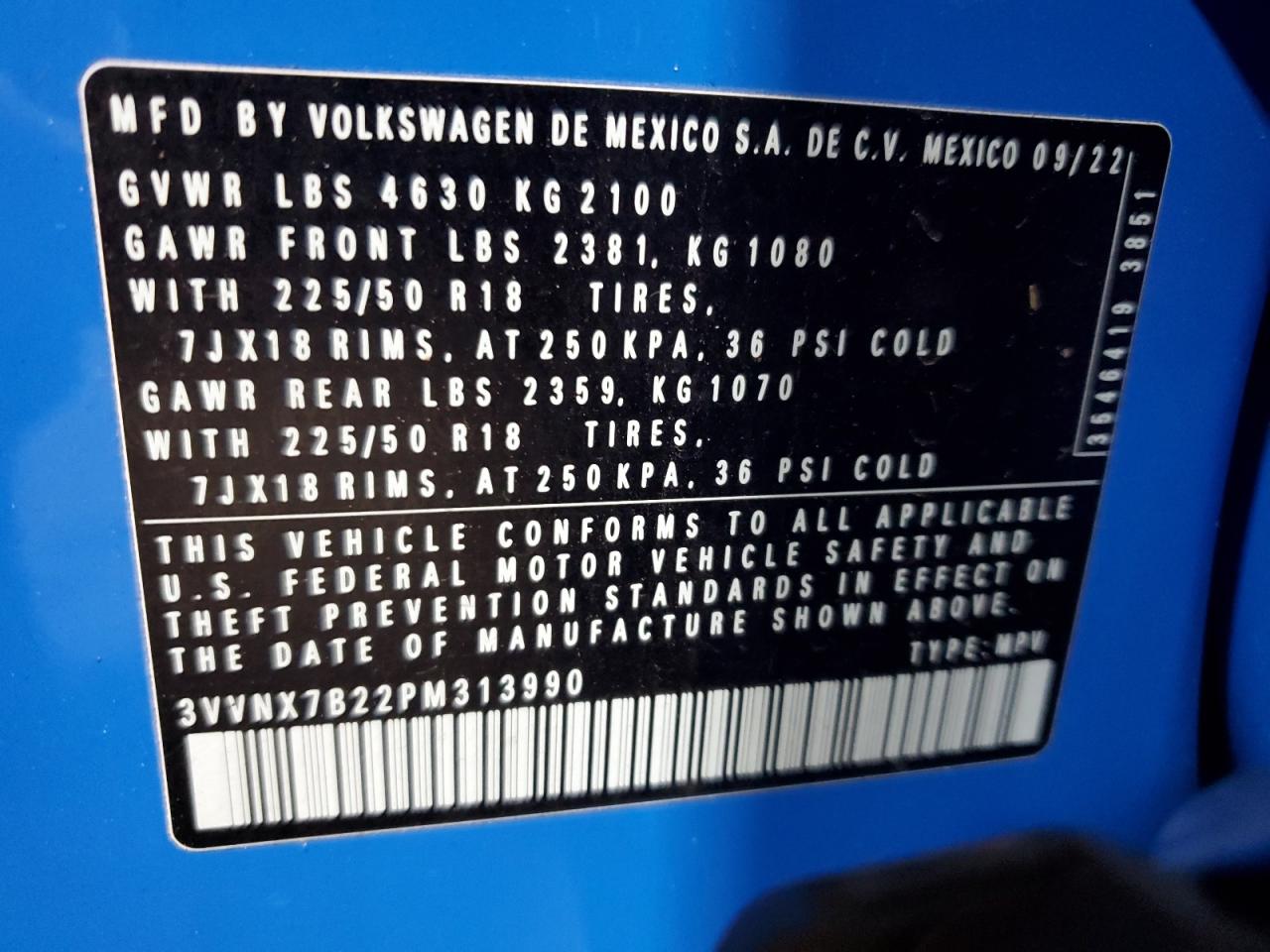 2023 Volkswagen Taos Se VIN: 3VVNX7B22PM313990 Lot: 71677655