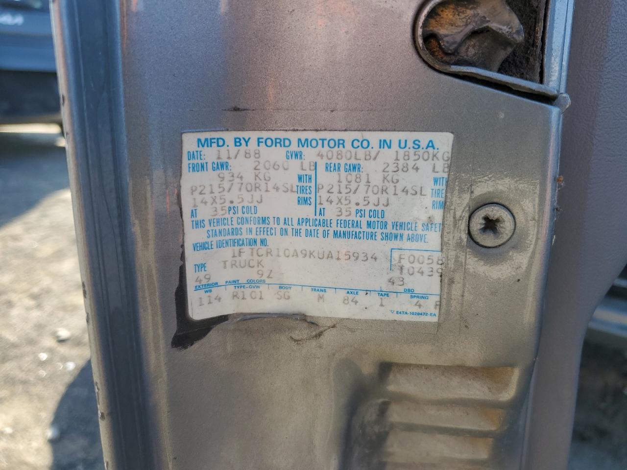 1989 Ford Ranger VIN: 1FTCR10A9KUA15934 Lot: 84050675