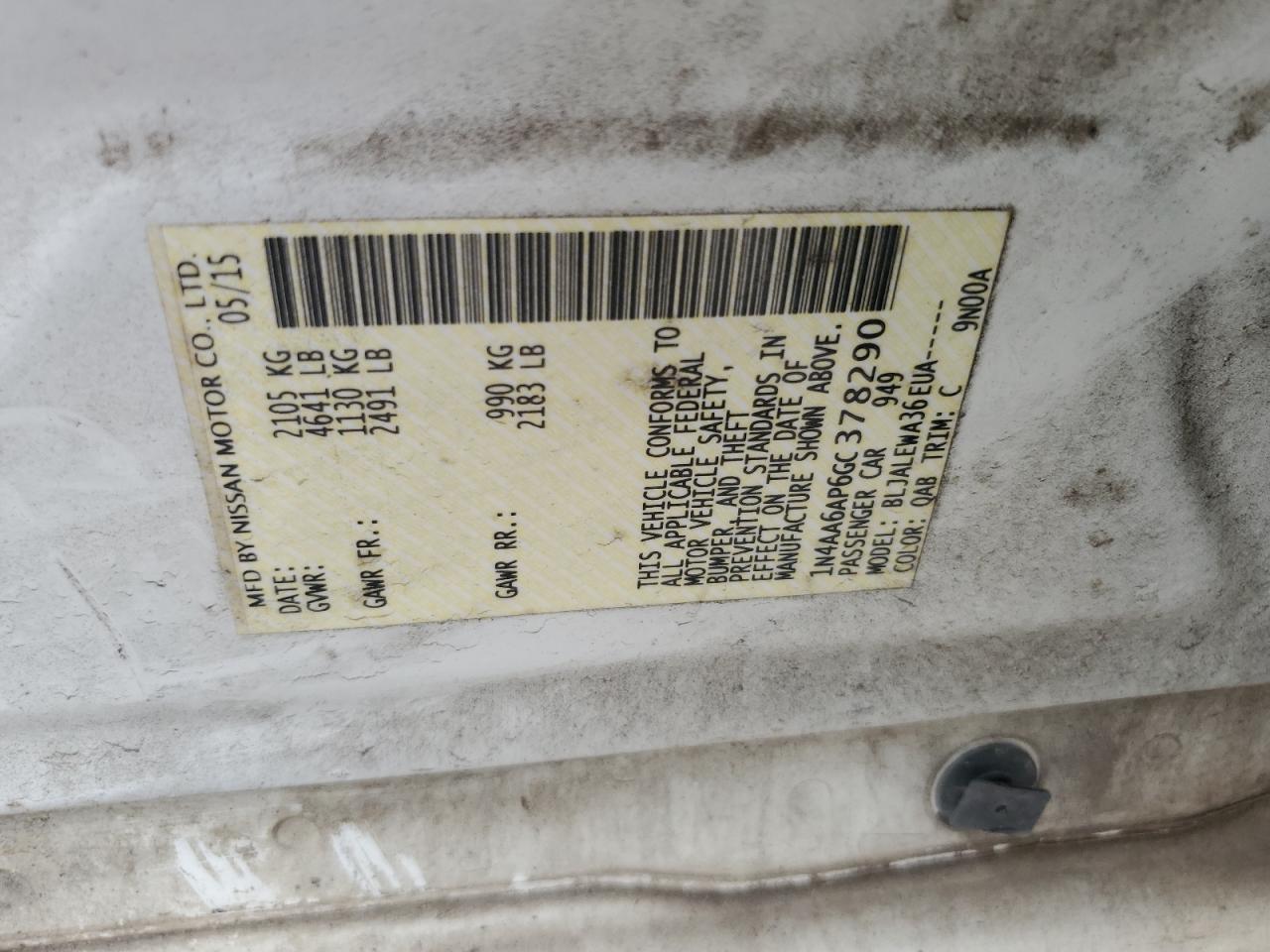 2016 Nissan Maxima 3.5S VIN: 1N4AA6AP6GC378290 Lot: 70117385