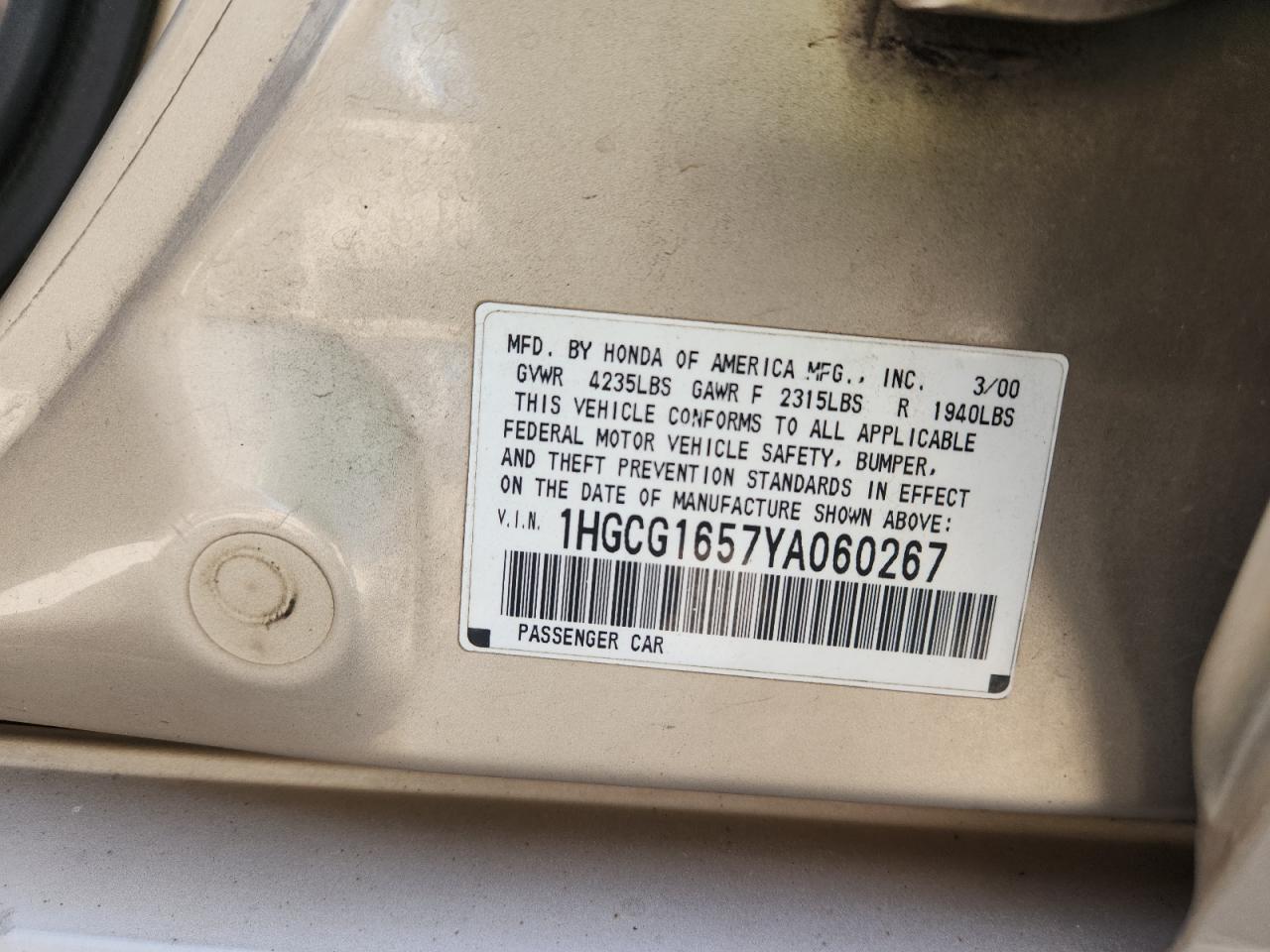2000 Honda Accord Ex VIN: 1HGCG1657YA060267 Lot: 81374215