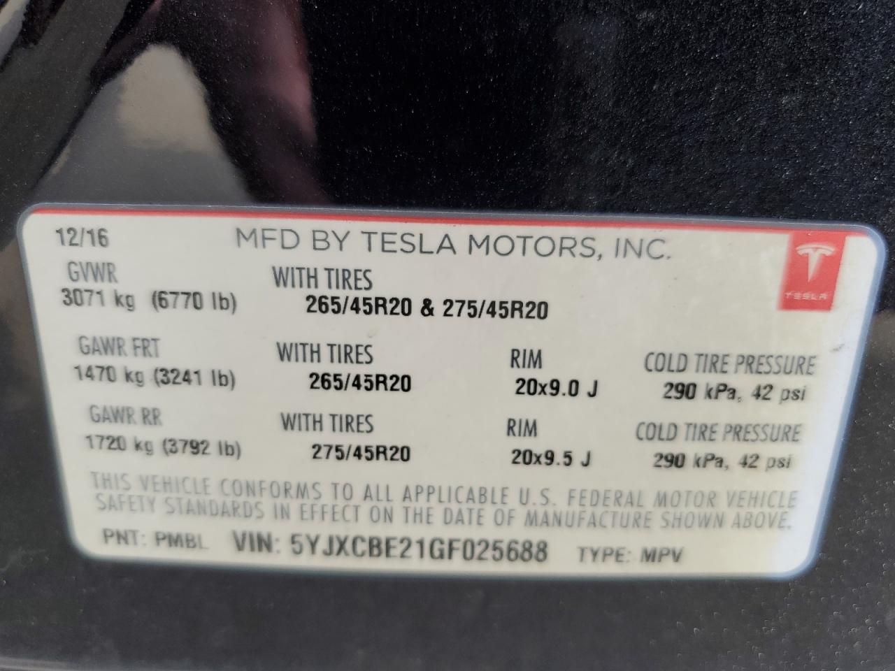 2016 Tesla Model X VIN: 5YJXCBE21GF025688 Lot: 80516655