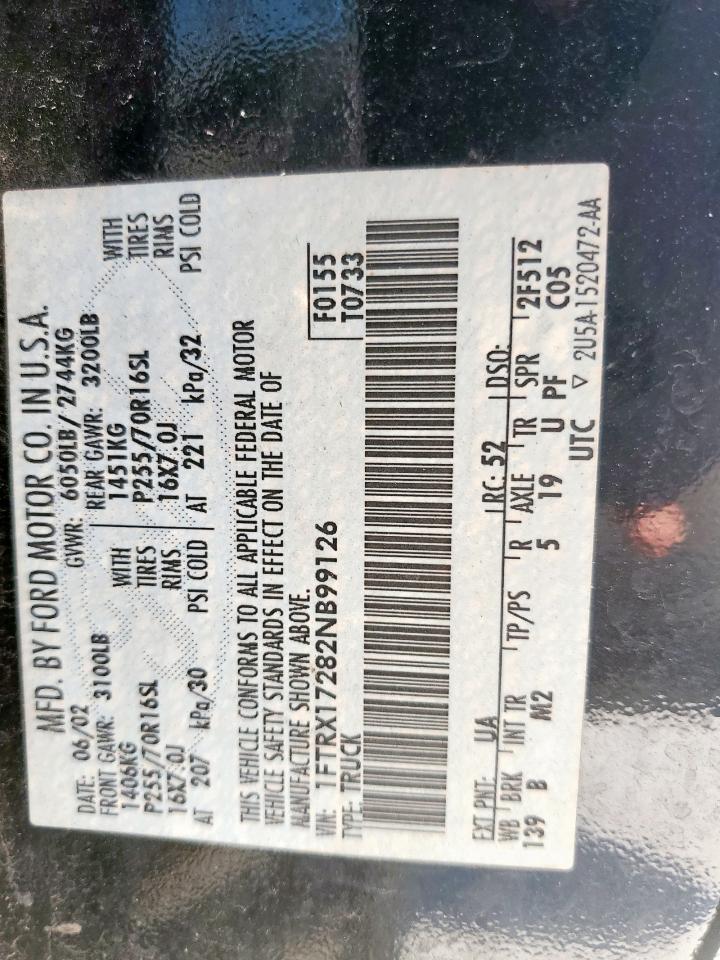 2002 Ford F150 VIN: 1FTRX17282NB99126 Lot: 81027325