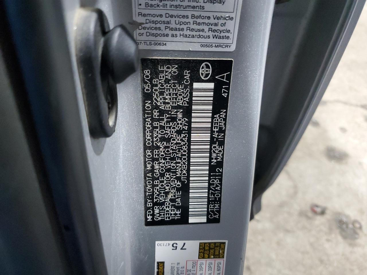 2008 Toyota Prius VIN: JTDKB20U083431479 Lot: 84550905