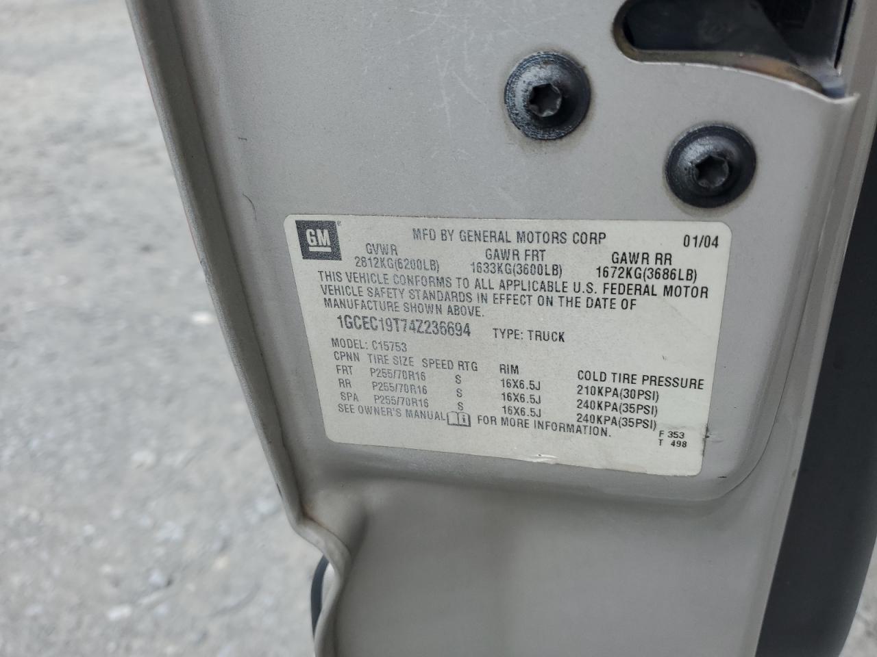 2004 Chevrolet Silverado C1500 VIN: 1GCEC19T74Z236694 Lot: 81790965