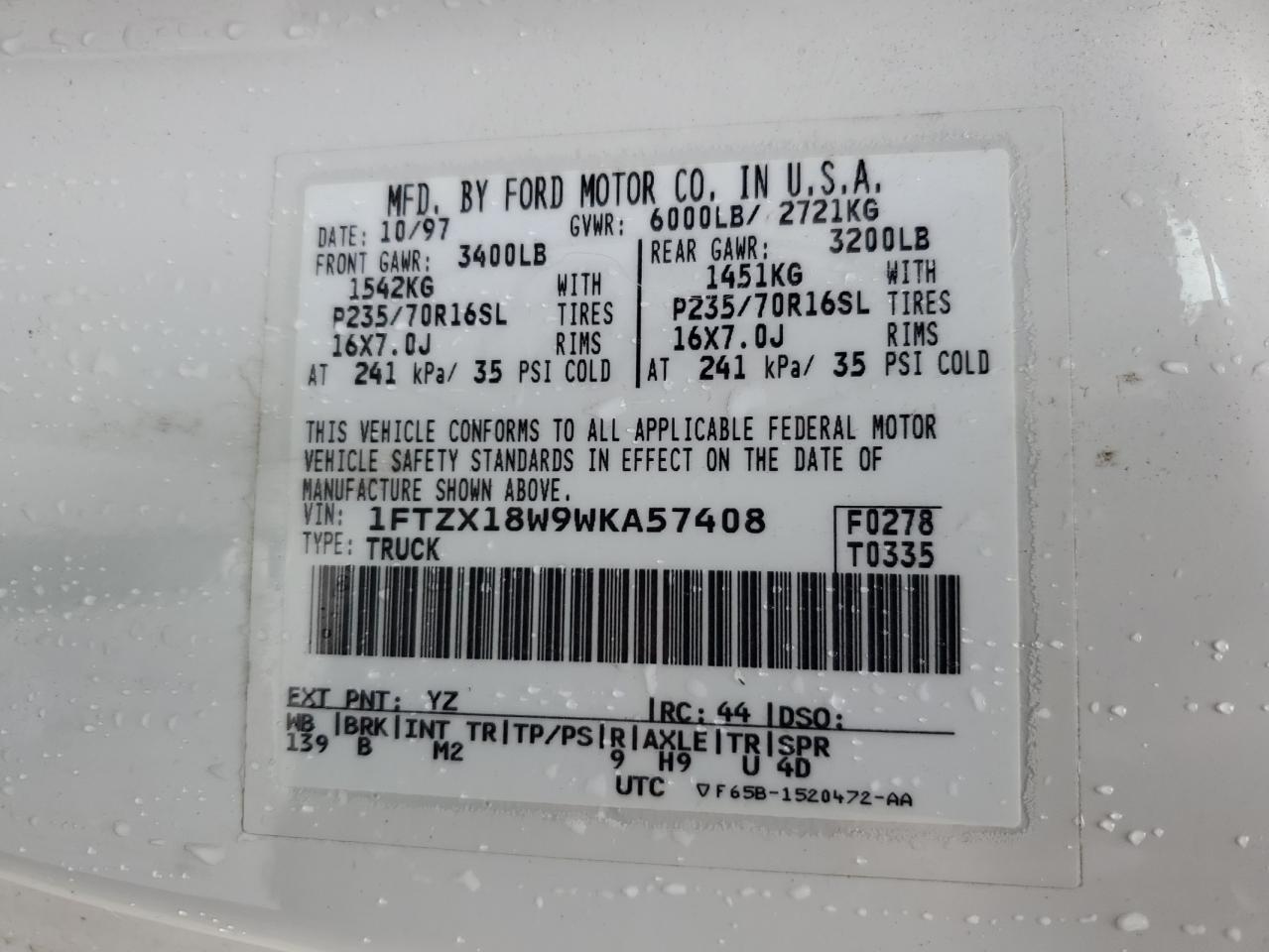 1998 Ford F150 VIN: 1FTZX18W9WKA57408 Lot: 82075165