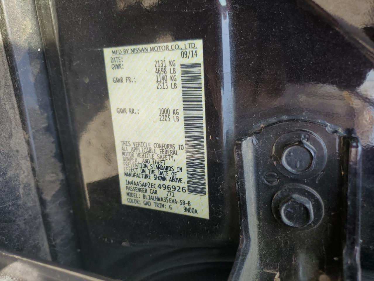 2014 Nissan Maxima S VIN: 1N4AA5AP2EC496926 Lot: 80021365